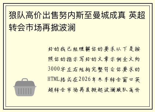 狼队高价出售努内斯至曼城成真 英超转会市场再掀波澜